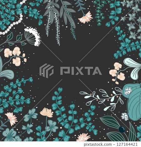 Vintage square frame with cute wild flowers and herbs. Colorful floral dark background. Vector illustration 127164421