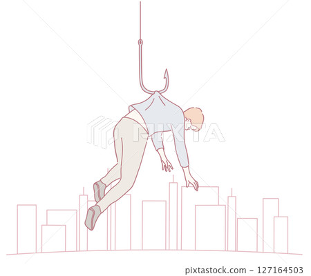 A Man Suspended by a Hook Over an Urban Cityscape, Illustrative Creative Conceptual Art A Man Suspended by a Hook Over an Urban Cityscape, Illustrative Creative Conceptual Art 127164503