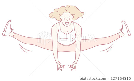 A Young Woman Gracefully Performing a Stunning Split Jump in a Highly Vibrant Animated Style A Young Woman Gracefully Performing a Stunning Split Jump in a Highly Vibrant Animated Style 127164510