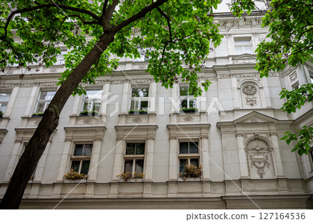Elegant historic building with lush green tree in foreground on summer day 127164536
