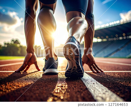 A low-angle view of an athlete's shoes at the start of the race. A low-angle view of an athlete's shoes at the start of the race. 127164653