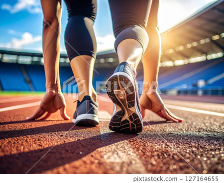 A low angle view of a female athlete's shoes as she starts the race. A low angle view of a female athlete's shoes as she starts the race. 127164655