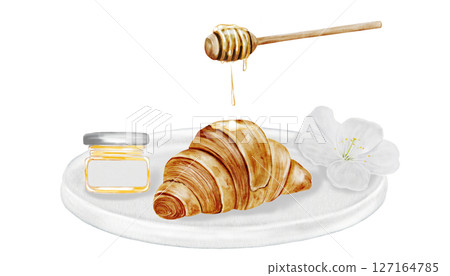 Croissant on a white plate and watercolor illustration. Hand drawn fresh french bun with honey stick and a white flower. Food clip art. Ideal for bakery prints, postcards and pastry shop posters. 127164785