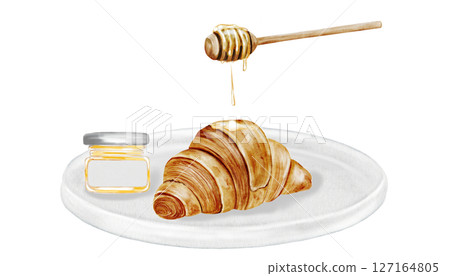 Croissant on a white plate watercolor illustration. Hand drawn fresh french bun with honey stick and drops. Food clip art. Ideal for bakery prints, postcards and pastry shop posters. 127164805