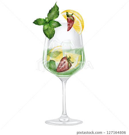 Mojito in a glass watercolor drawing. Hand drawn illustration of alcoholic drink with ice, lemon, strawberry and mint on white background. Clip art of drinks. Ideal for bar and restaurant menu on the 127164806