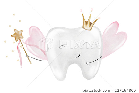 Baby tooth watercolor. Cute cartoon molar with crown and a magic wand on isolated white background. Tooth fairy crown. Dental clip art. Ideal for cards and invitations to the party baby's first tooth Baby tooth watercolor. Cute cartoon molar with crown and a magic wand on isolated white background. Tooth fairy crown. Dental clip art. Ideal for cards and invitations to the party baby's first tooth 127164809
