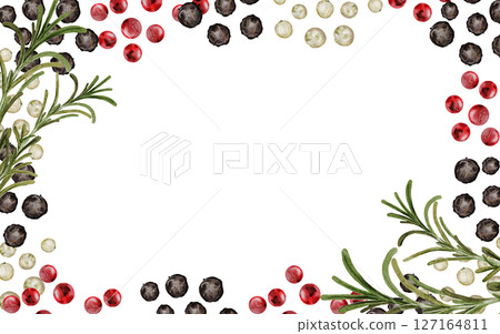 Peppercorns with rosemary watercolor frame. Hand drawn dried black pepper. Clip art on a white background of hot spices. Ideal for cookbooks, menus and organic product packaging Peppercorns with rosemary watercolor frame. Hand drawn dried black pepper. Clip art on a white background of hot spices. Ideal for cookbooks, menus and organic product packaging 127164811