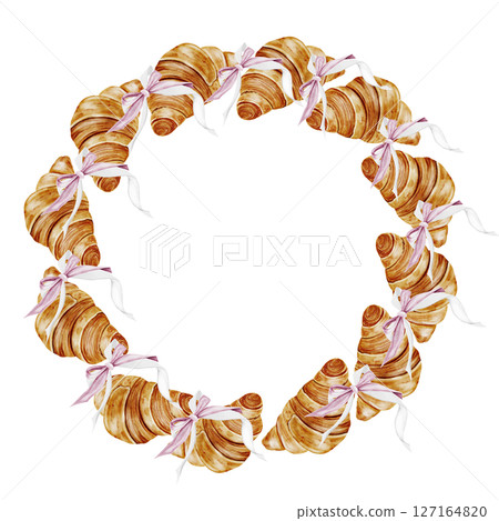 Croissant watercolor frame. Hand drawn fresh french bun with a bow. Food clip art. Ideal for bakery prints, postcards and pastry shop posters. Croissant watercolor frame. Hand drawn fresh french bun with a bow. Food clip art. Ideal for bakery prints, postcards and pastry shop posters. 127164820