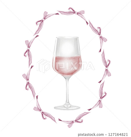 Glass of wine watercolor illustration. Drink alcoholic pink sparkling with a bow. Clip art drinks. Wine shop booklets. Ideal for restaurant menus, posters and advertising signs. 127164821
