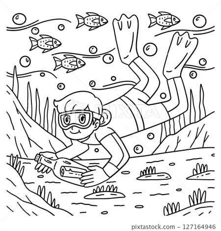 Scuba Diving Female with Message Bottle Coloring 127164946