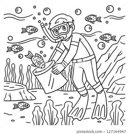 Scuba Diving Male Catching Fish in a Bag Coloring  127164947