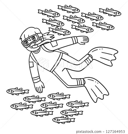 Scuba Diving Female and School of a Fish Isolated  127164953