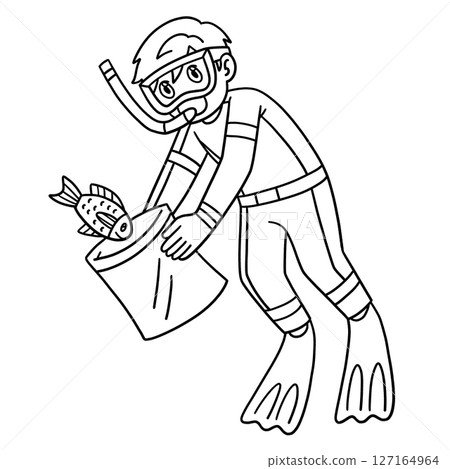 Scuba Diving Male Catching Fish in a Bag Isolated  127164964