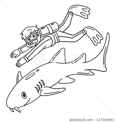 Scuba Diving Male Swimming with a Shark Isolated Scuba Diving Male Swimming with a Shark Isolated 127164981