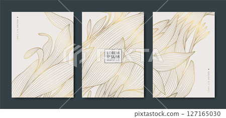 Vector set of gold floral leaf line backgrounds, elegant nature luxury grass, flower japanese posters. Art deco premium nature frames, package templates. Vector set of gold floral leaf line backgrounds, elegant nature luxury grass, flower japanese posters. Art deco premium nature frames, package templates. 127165030