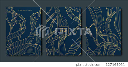 Vector set of gold floral leaf line backgrounds, elegant nature luxury grass, flower japanese posters. Art deco premium nature frames, package templates. Vector set of gold floral leaf line backgrounds, elegant nature luxury grass, flower japanese posters. Art deco premium nature frames, package templates. 127165031