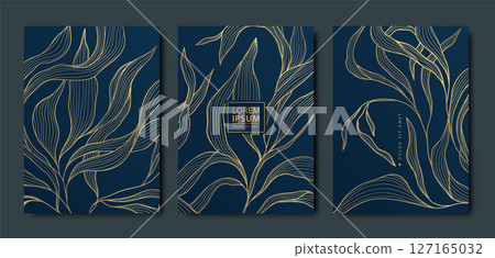 Vector set of gold floral leaf line backgrounds, elegant nature luxury grass, flower japanese posters. Art deco premium nature frames, package templates. Vector set of gold floral leaf line backgrounds, elegant nature luxury grass, flower japanese posters. Art deco premium nature frames, package templates. 127165032