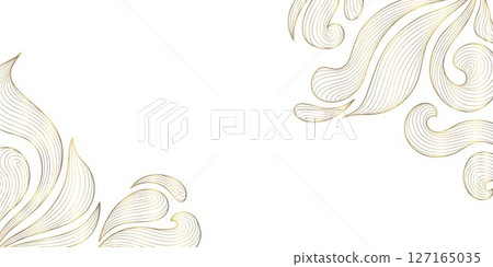 Vector art deco leaves, swirls organic shape frame. Line floral abstract frame, golden corners for decoration. Wedding template, copper ornament, package illustration. Vector art deco leaves, swirls organic shape frame. Line floral abstract frame, golden corners for decoration. Wedding template, copper ornament, package illustration. 127165035