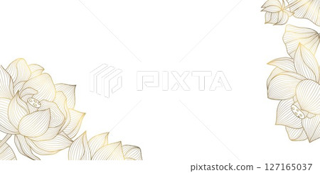 Vector lotus flower line frame, golden floral asian pattern. Wedding luxury line design, oriental spring decor, ornament. 127165037