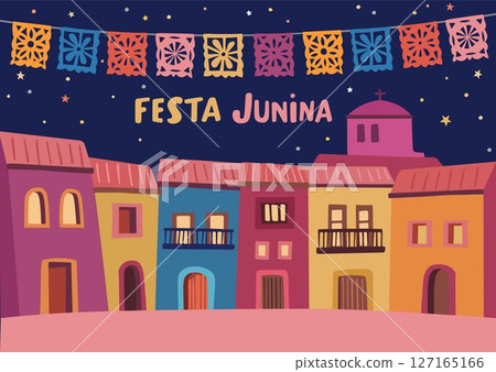 Festa junina, Brazilian june party greeting card, invitation. Sao Joao Latin American holiday. Papel picado bunting flags garland, houses stars. Vector illustration background, web banner, flat design 127165166
