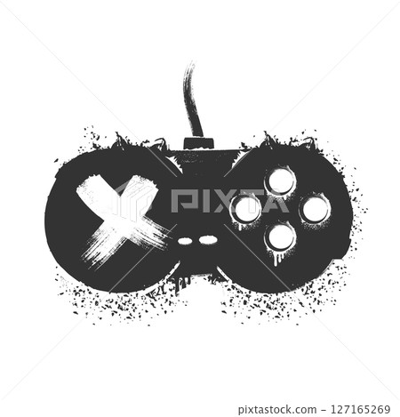 gamepad Spray paint graffiti and game controller with grungy texture. Grunge ink graphic symbol of gamepad, joystick, controller and computer gaming isolated on white background for printing on tee 127165269
