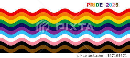 Pride 2025 Rainbow Flag LGBTQIA+ Wavy Banner. Equality, Inclusivity. Gay Pride template with LGBT Flag sign. Pride Month. Colorful design element frame border vector background 127165371