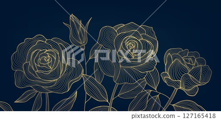 Vector line golden roses background, elegant flowers japanese illustration, nature floral blossom ornate. Garden romantic wallpaper. 127165418