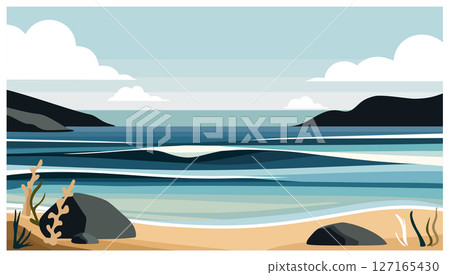 Seascape. Vector illustration in simple flat style. Sea, sky and sand coast 127165430