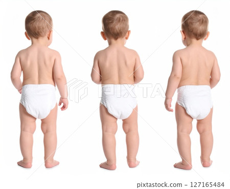 Three Cheerful Toddlers in White Diapers 127165484