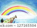 An adventurer watching a rainbow on a cliff 127165504