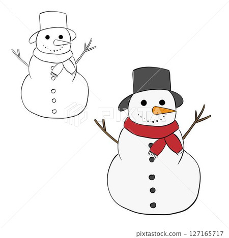 Snowman isolated on transparent background. Vector graphic line ink illustration. Banner, poster, sticker, print, modern textile design. Coloring Sheet for Stress Relief and Relaxation 127165717