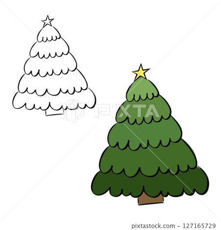 Christmas tree isolated on transparent background. Vector graphic line ink illustration. Perfect for cards, decorations, stickers, logo, menu, various designs. 127165729
