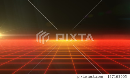 A futuristic digital grid landscape with a glowing red horizon and dark background, evoking retro sci-fi aesthetics 127165905