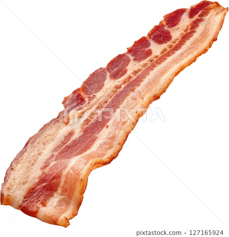 Flat cooked bacon strip with fat marbling 127165924