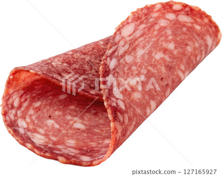 Folded slice of savory salami sausage 127165927