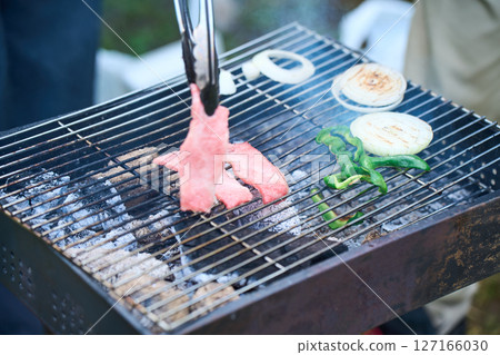 Camping, outdoor, barbecue, BBQ, grilled meat, charcoal fire Camping, outdoor, barbecue, BBQ, grilled meat, charcoal fire 127166030