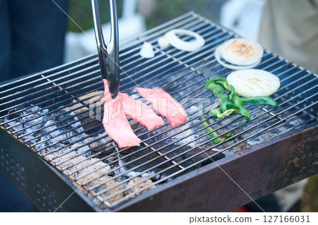 Camping, outdoor, barbecue, BBQ, grilled meat, charcoal fire Camping, outdoor, barbecue, BBQ, grilled meat, charcoal fire 127166031