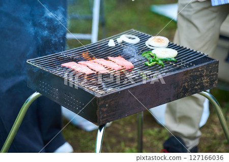 Camping, outdoor, barbecue, BBQ, grilled meat, charcoal fire 127166036