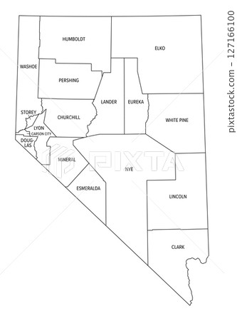 State of Nevada, subdivided into 16 counties and independent Carson City, outline map. State in the Western United States, nicknamed The Silver State. Isolated black and white illustration. Vector 127166100