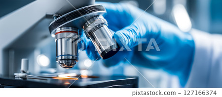 Biological analysis scene, sterile laboratory environment with microscope equipment and blue protective gloves 127166374