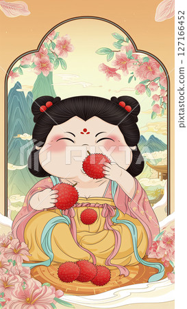 唐代傳統服飾裝扮的楊貴妃吃荔枝插畫 127166452