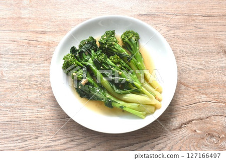 fried Kailaan Chinese kale dressing oyster sauce with chop garlic and salty fish on plate fried Kailaan Chinese kale dressing oyster sauce with chop garlic and salty fish on plate 127166497