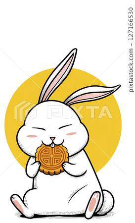 可愛的白兔吃月餅黃色月亮做背景圓形構圖 127166530