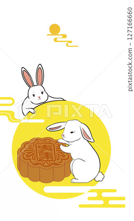 可愛的白兔做月餅黃色月亮背景圓形構圖 127166660