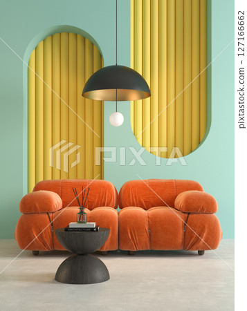 Memphis style conceptual dopamine interior room 3d illustration Memphis style conceptual dopamine interior room 3d illustration 127166662