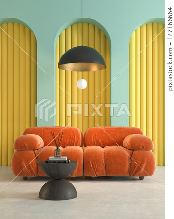 Memphis style conceptual dopamine interior room 3d illustration 127166664