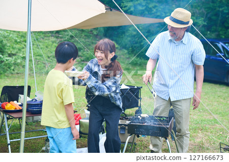 3 generations camping outdoor barbecue BBQ family colleagues friends 3 generations camping outdoor barbecue BBQ family colleagues friends 127166673