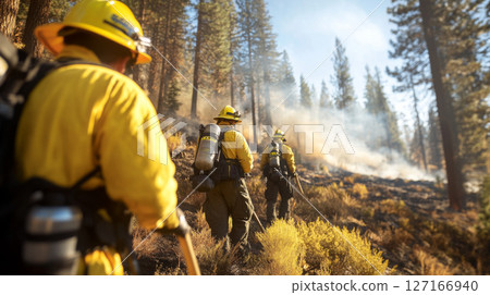 Firefighters in forest battling wildfire under emergency conditions 127166940
