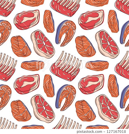 Seamless pattern with flat pieces of meat and fish, steak, ribs and salmon on white background. Perfect for packaging, kitchen wallpaper design or culinary theme. 127167018