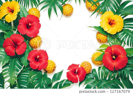 用鳳梨和熱帶花卉裝飾的框架 用鳳梨和熱帶花卉裝飾的框架 127167079